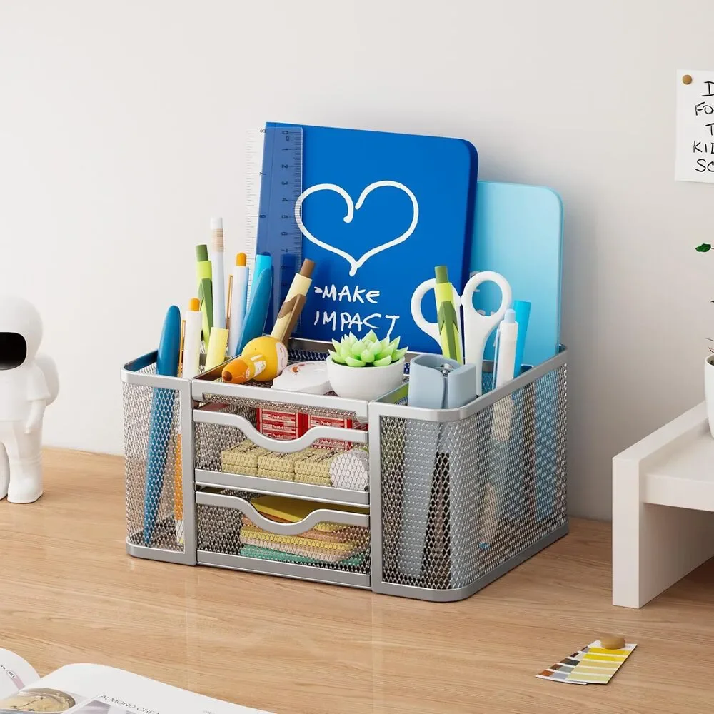 Desk Organizer Mesh 2 Drawers Pen Holder 5 Slots Office Storage Silver